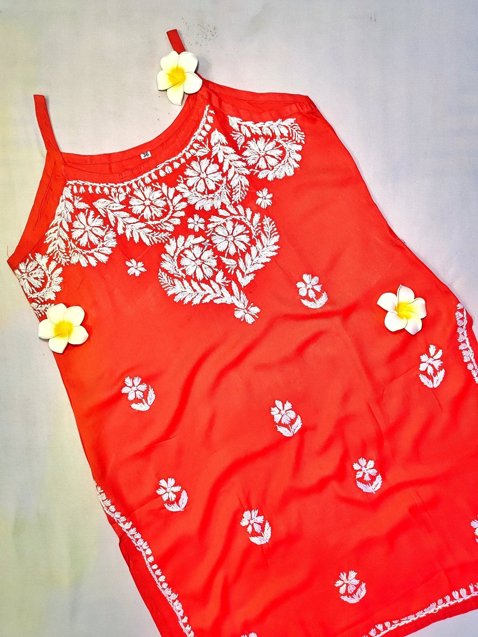Rayon Handcrafted Strappy Chikankari Short Kurta - Crimson Red