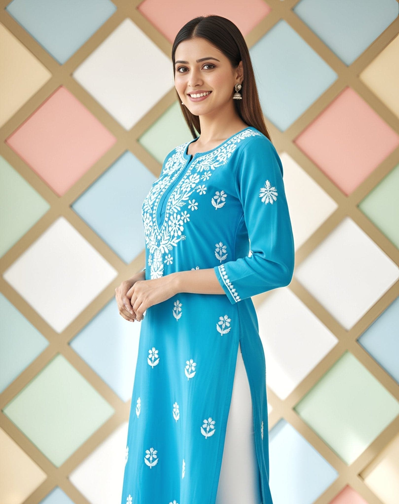 Rayon Handcrafted Chikankari Kurta Straight Fit- Serene Sky Blue