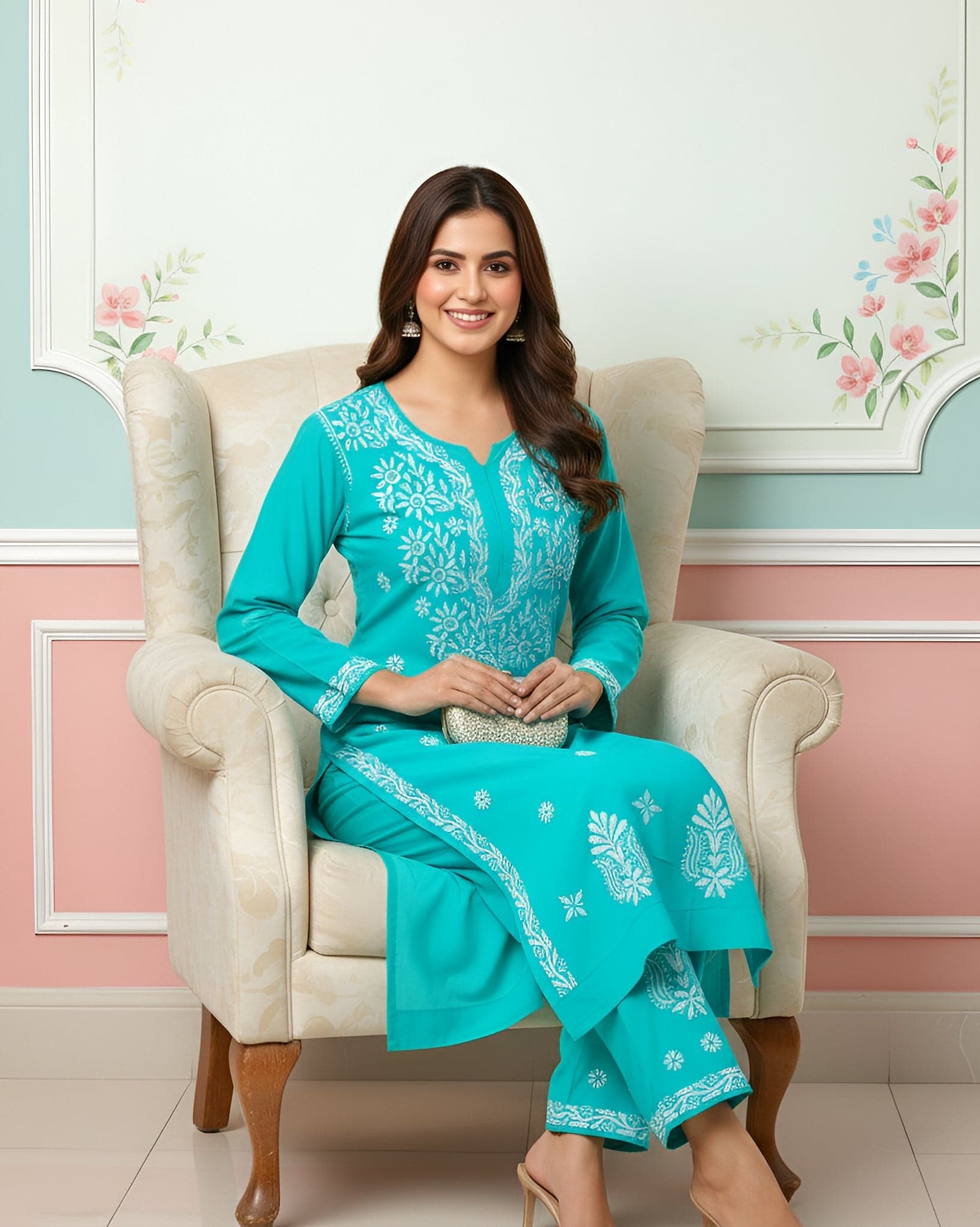 Modal Handcrafted Chikankari Kurta and Pant Set - Mint Green
