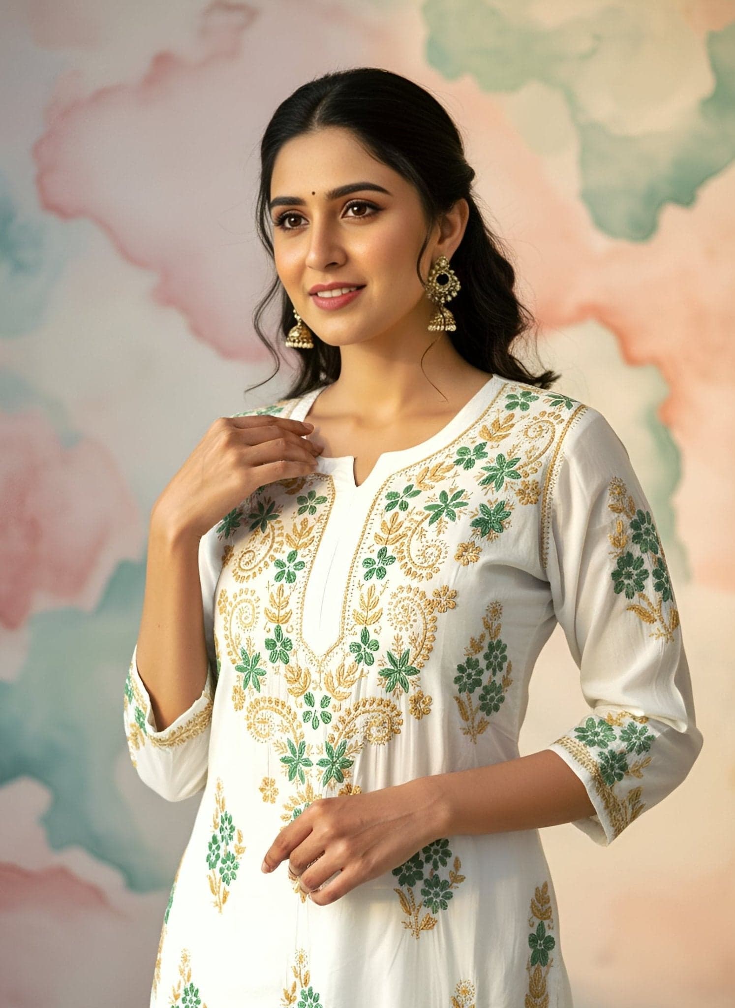 Mul Cotton Handcrafted Chikankari Kurta Straight Fit- Green & Yellow