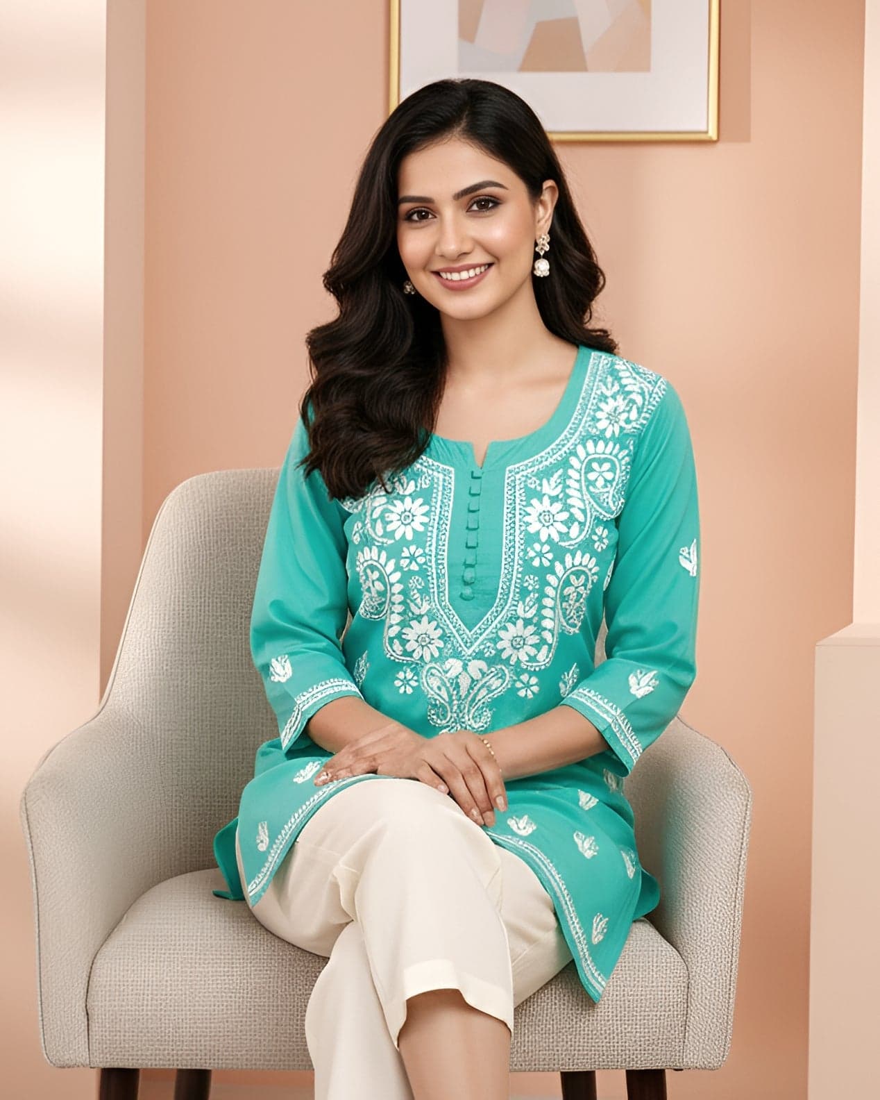 Modal Handcrafted Chikankari Short Kurta - Mint Green
