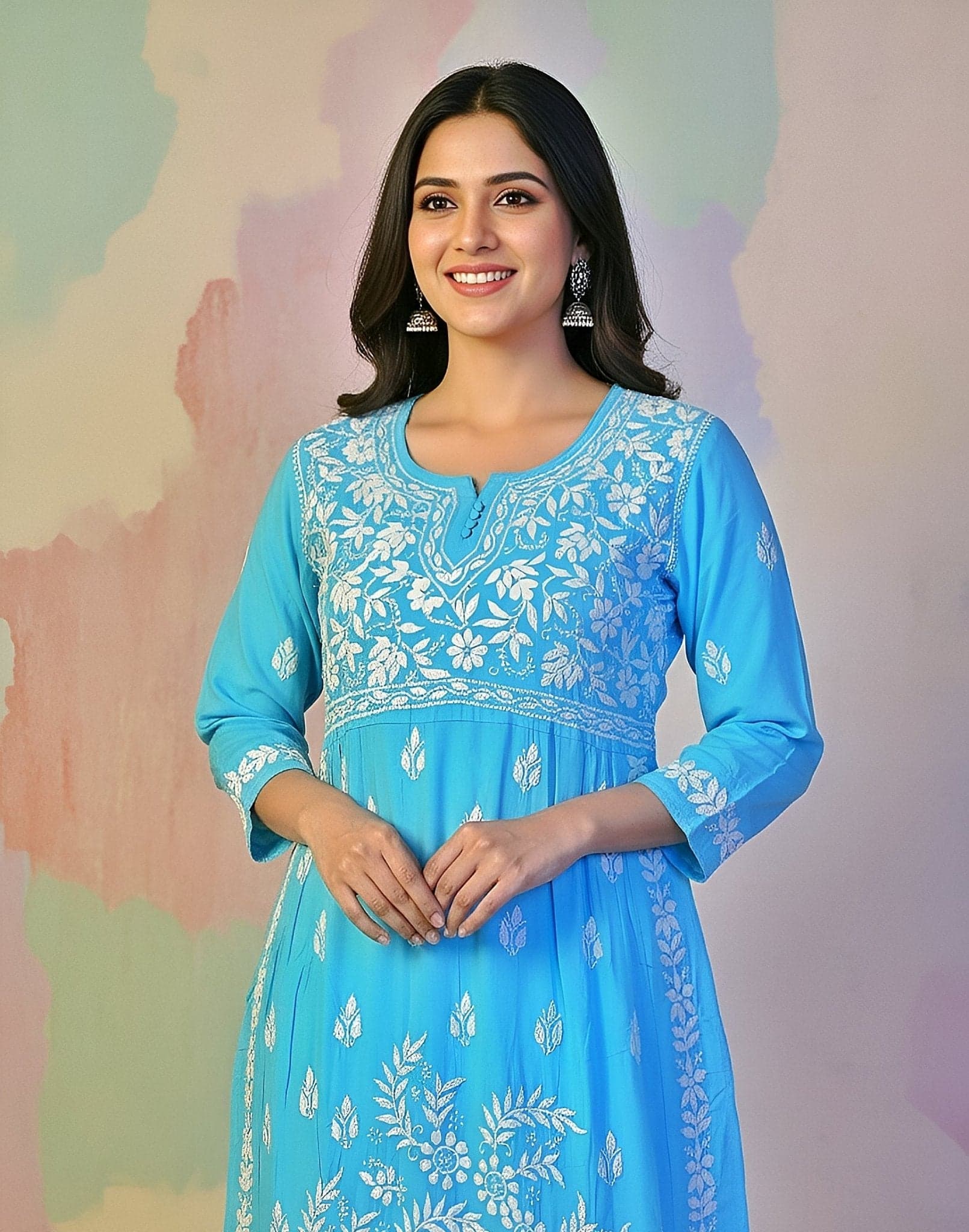 Modal Handcrafted Chikankari Kurta Nayara Cut - Serene Sky Blue