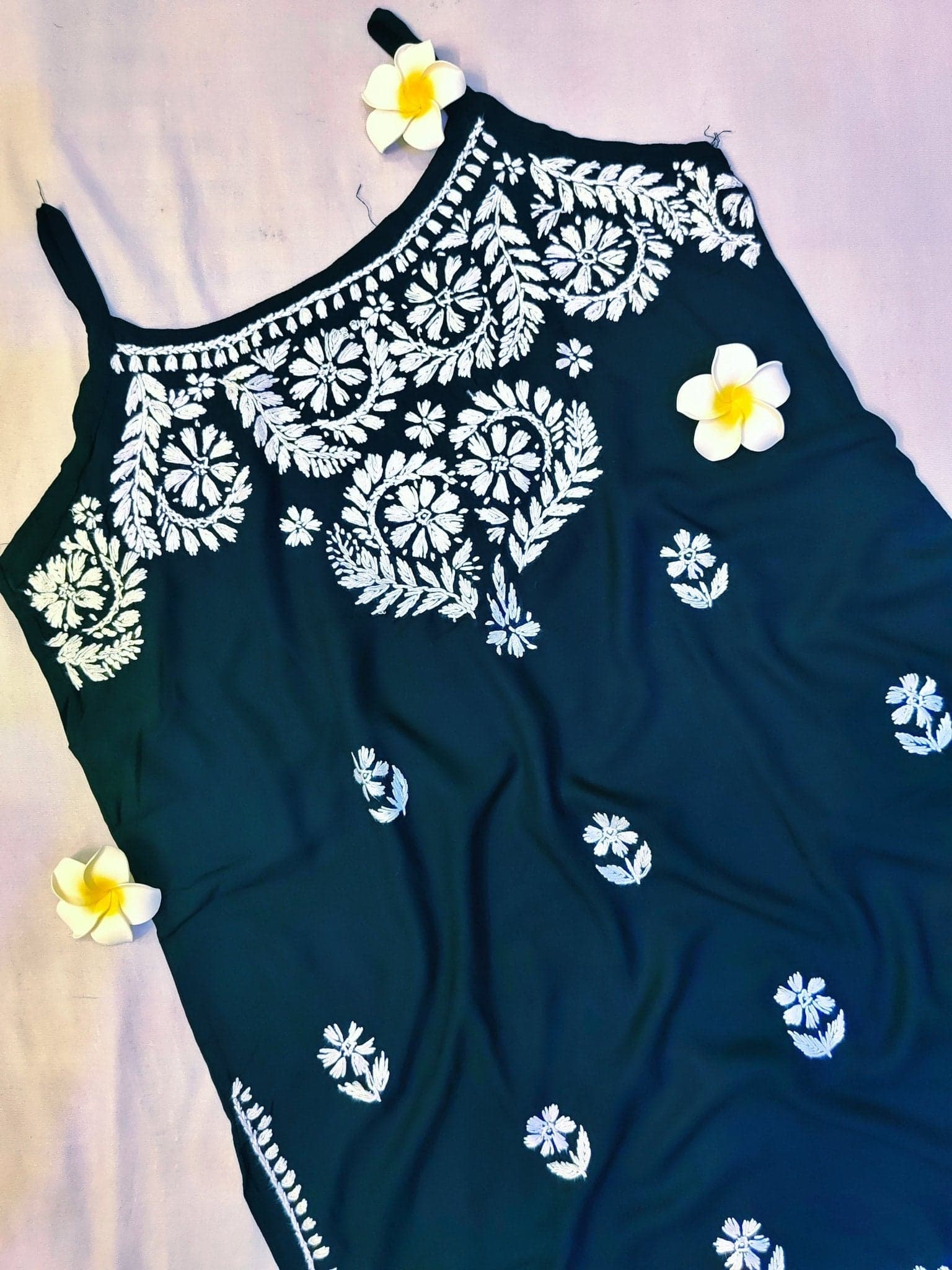 Rayon Handcrafted Strappy Chikankari Short Kurta - Jet Black