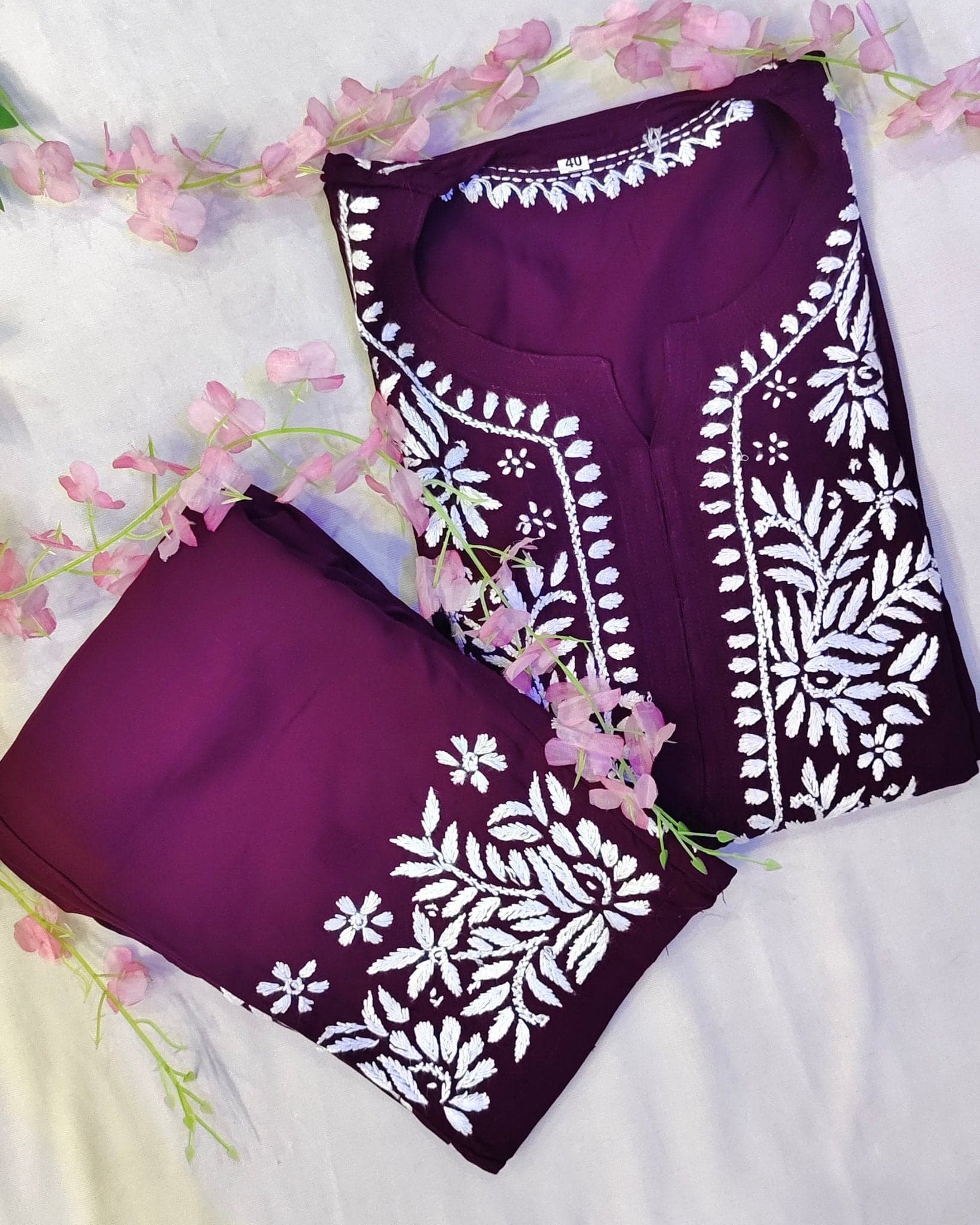 Rayon Handcrafted Chikankari Kurta and Palazzo Set - Dark Wine