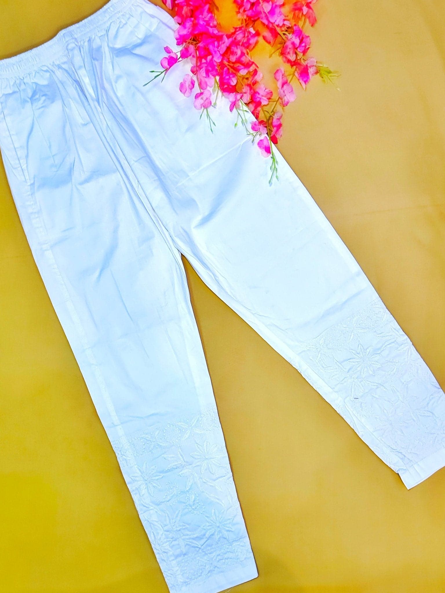 Pure Cotton Stretchable Embroidered Pant - White