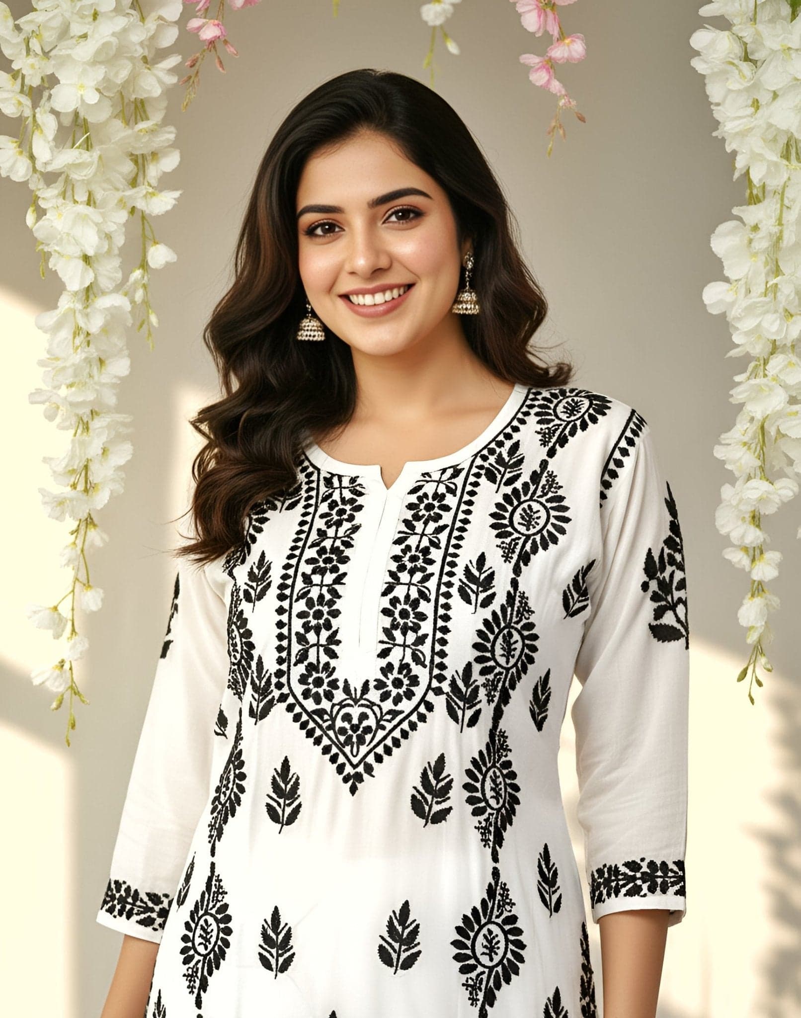 Modal Handcrafted Chikankari Kurta Straight Fit-ย Vintage Black & White