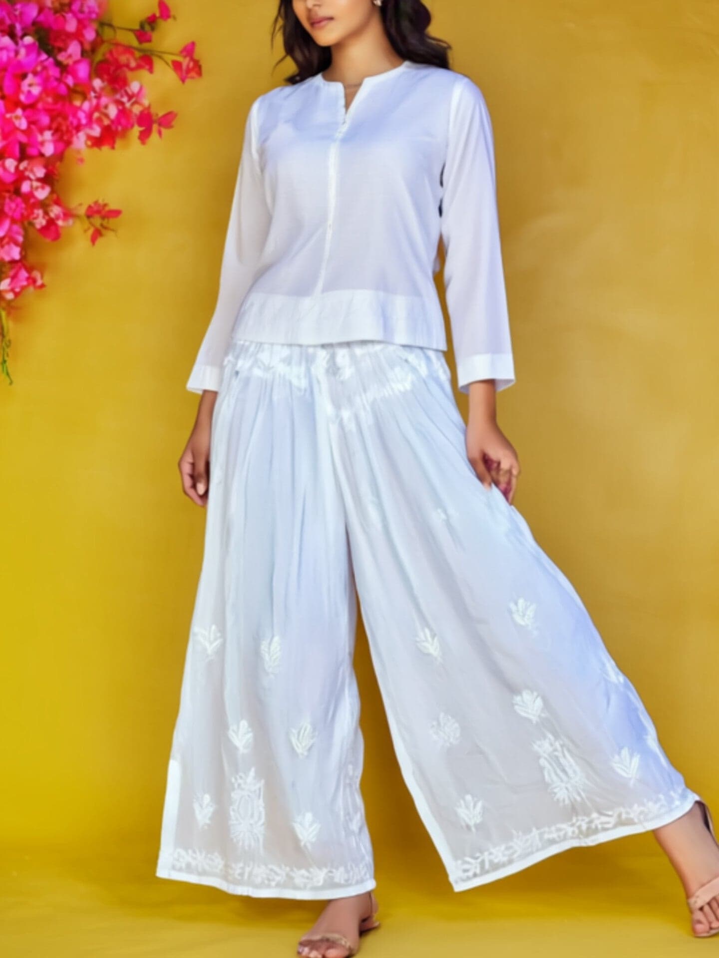 Soft Cotton Handcrafted Chikankari Plazzo Pant - White
