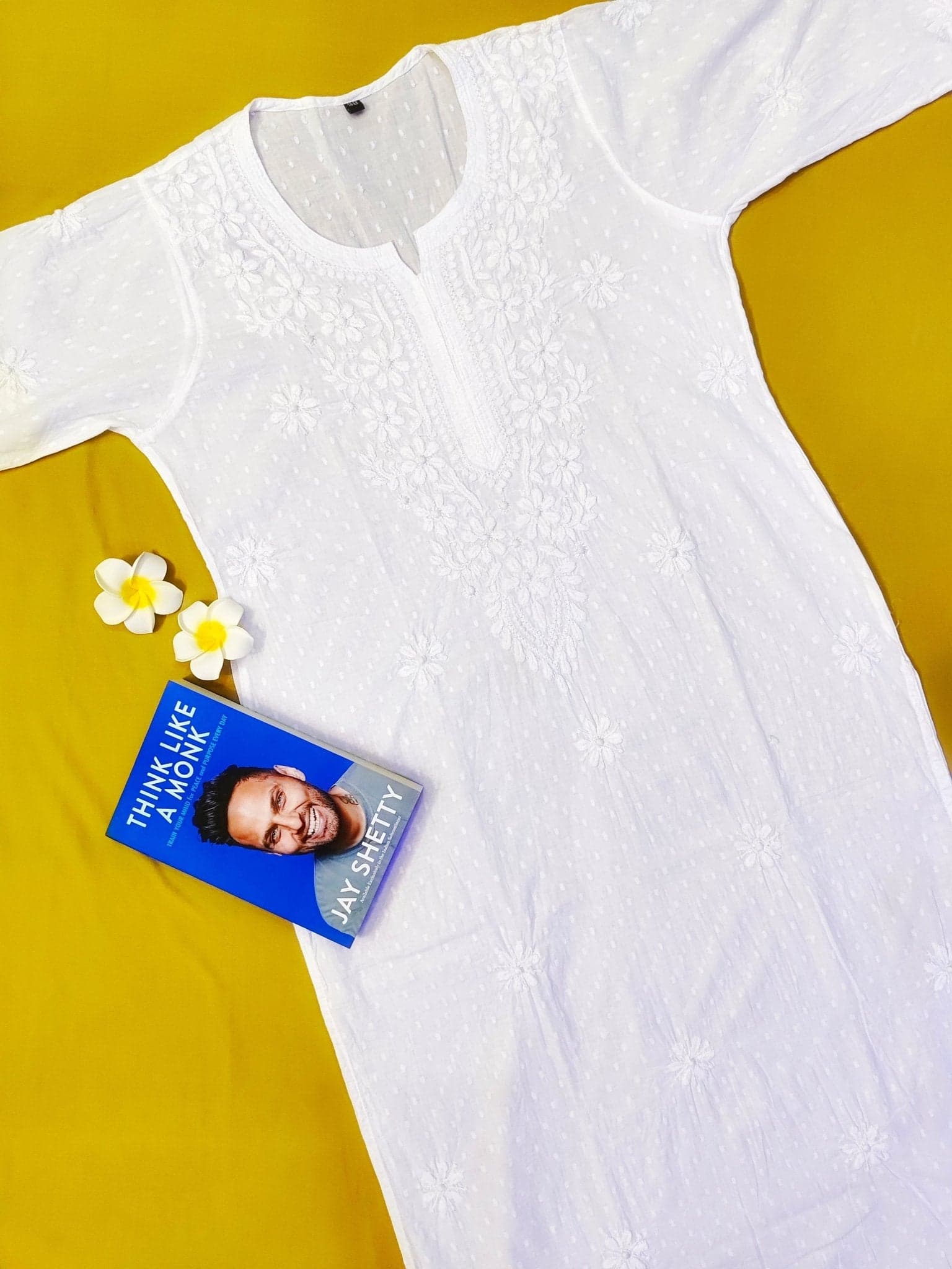 Dobby Cotton Handcrafted Chikankari Dyeable Kurta Straight Fit - Pure White