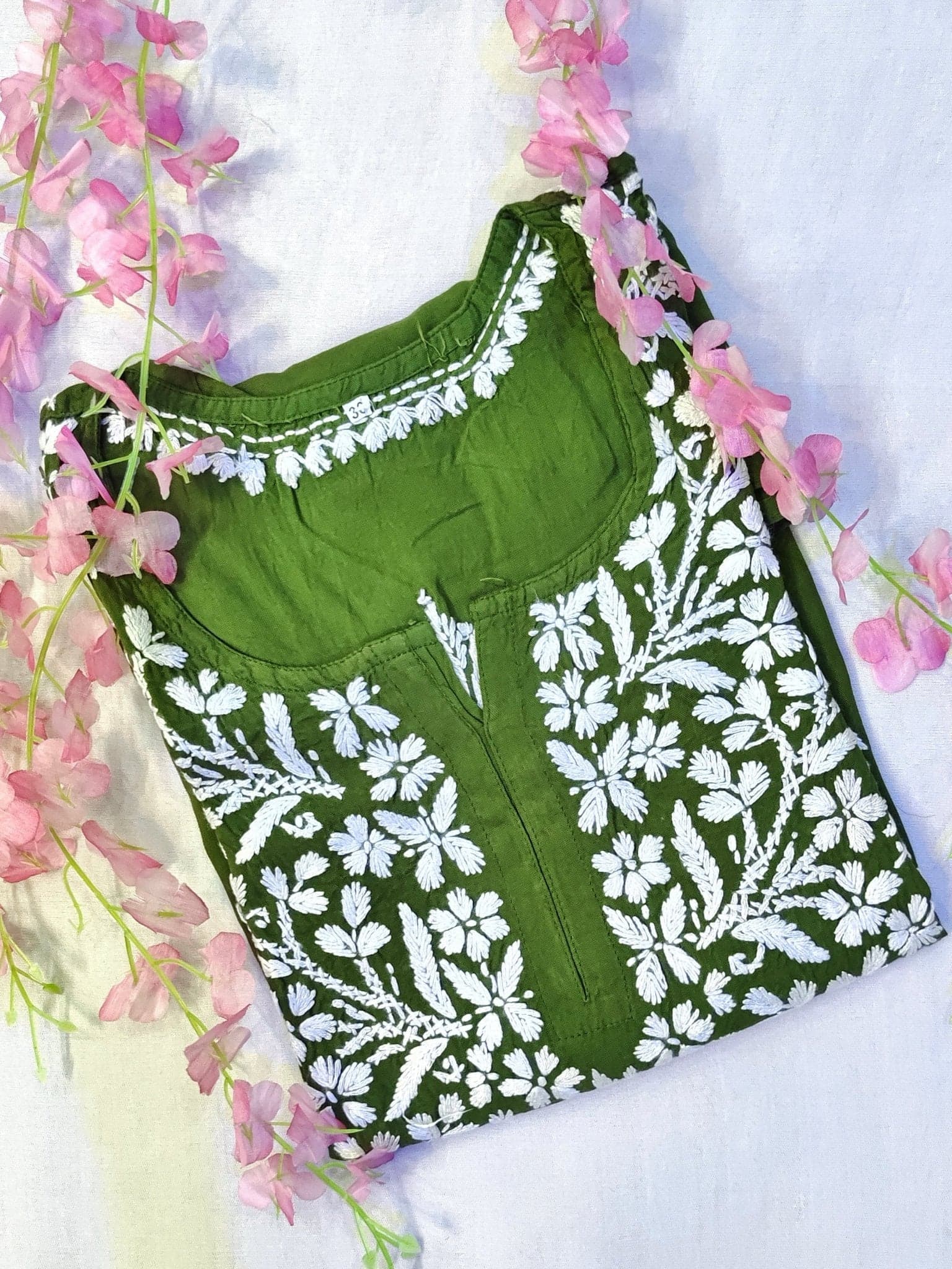 Rayon Handcrafted Chikankari Short Kurta - Olive Green