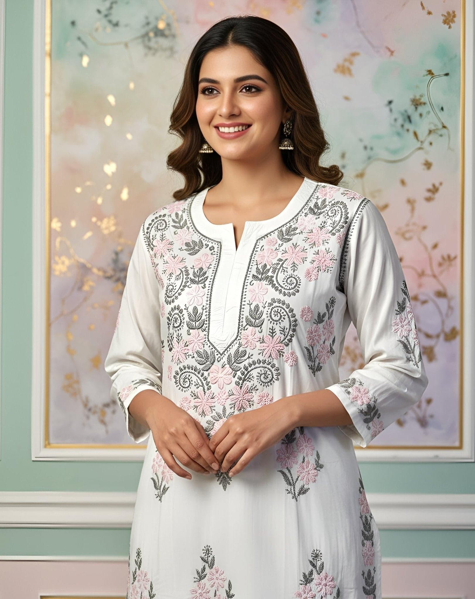 Mul Cotton Handcrafted Chikankari Kurta Straight Fit- Pink & Grey