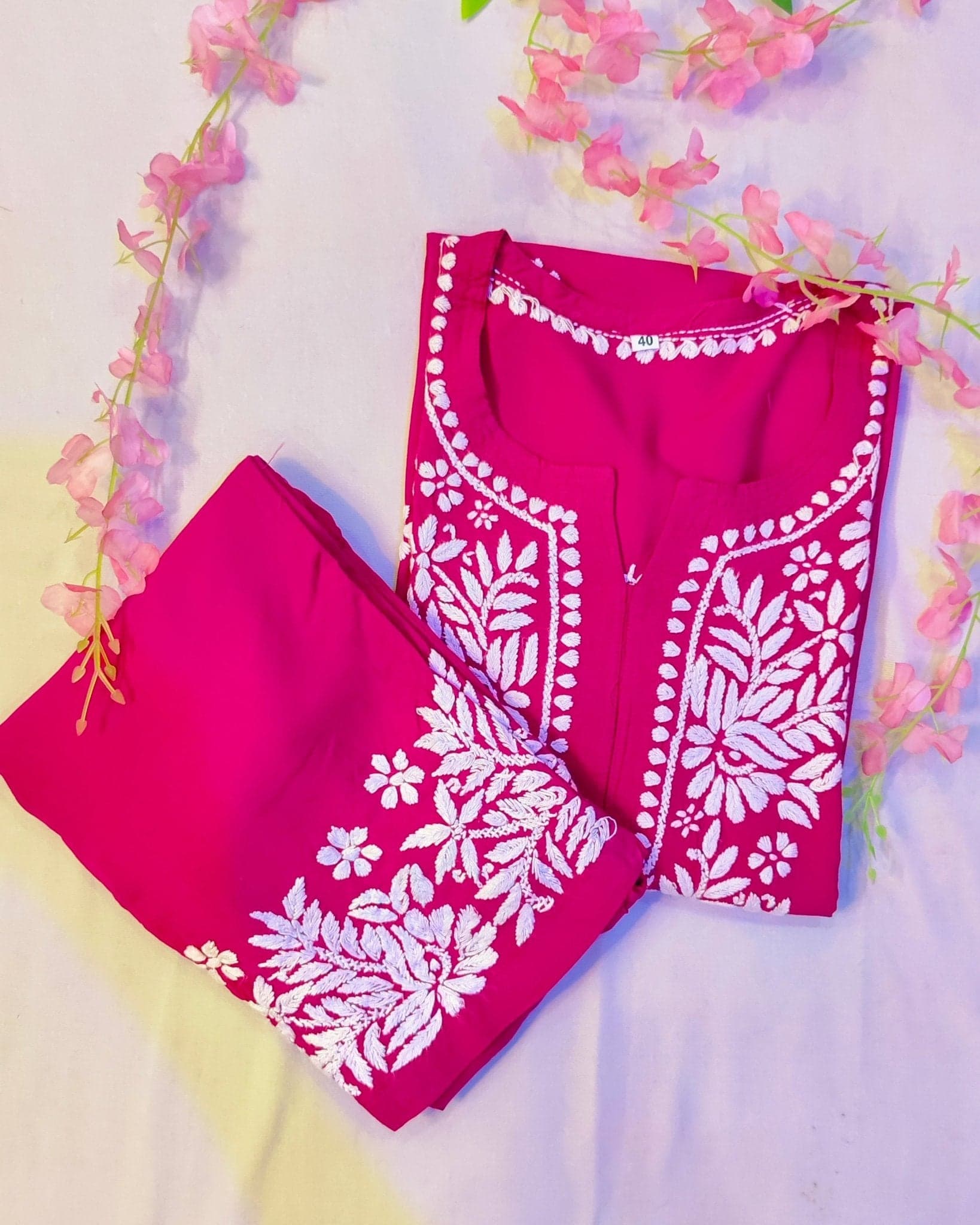 Rayon Handcrafted Chikankari Kurta and Palazzo Set - Hot Pink